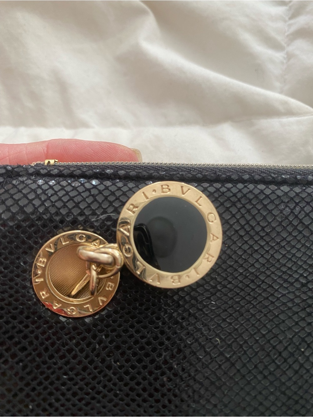 Bulgari black wristlet clutch NWOT adustable gold detail chic classic designer